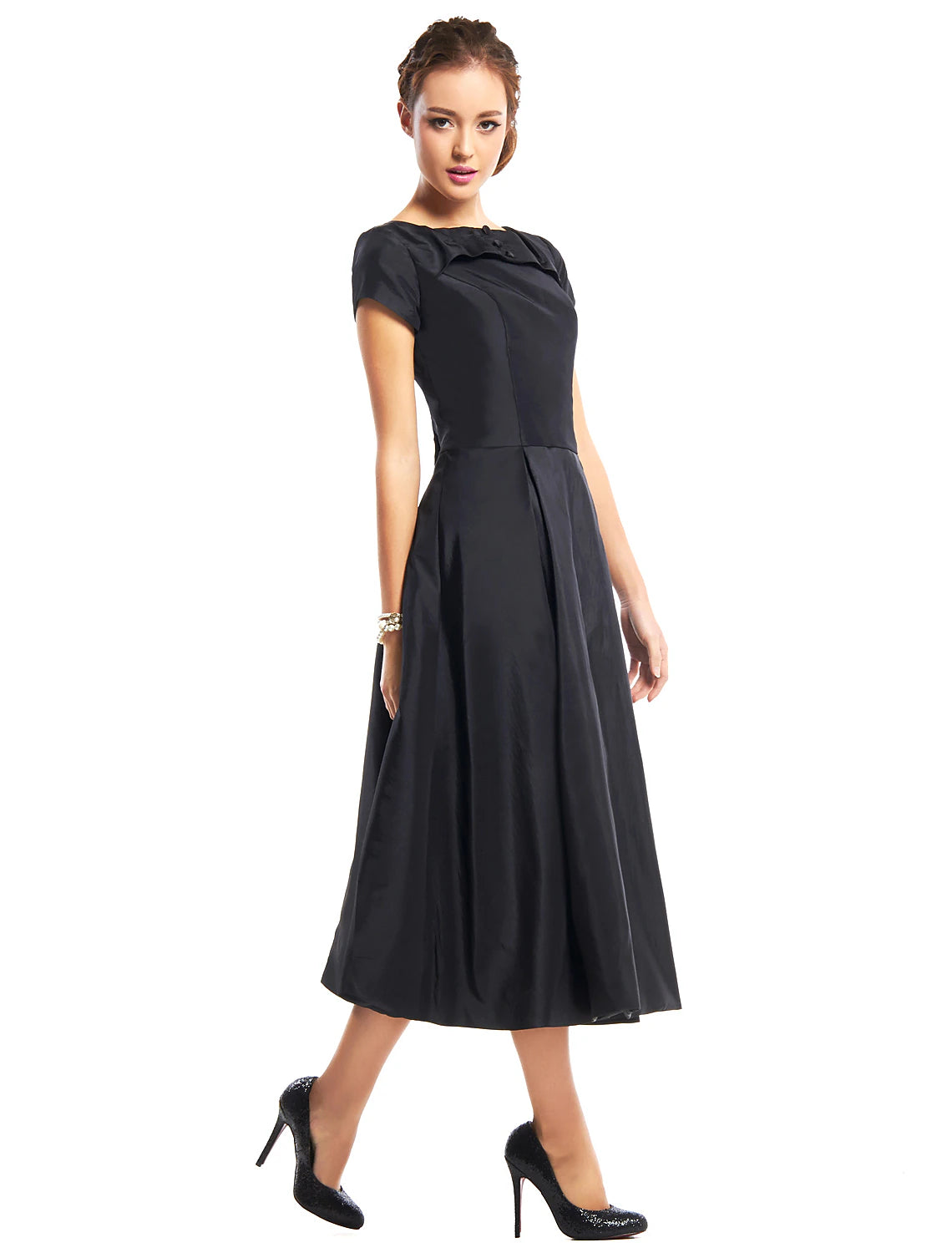 Luolandi A-Line Black Dress Vintage Homecoming Wedding Guest Tea Length Short Sleeve Boat Neck Taffeta